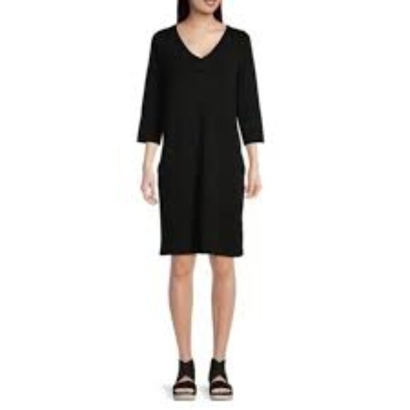 Eileen Fisher Black Viscose/Spandex V Neck stretch Jersey Dress Large - Picture 1 of 5
